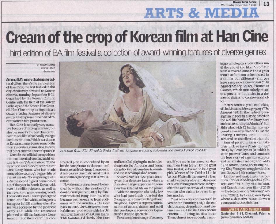 일간 부에노스 아이레스 헤랄드는 '한국영화의 진수를 보여주는 한국영화제'라고 부에노스아이레스 한국영화제에 대해 보도했다.