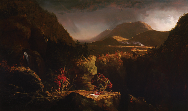 토마스콜(Thomas Cole)은 허드슨강 화파의 수상 격인 인물이다. 그림은 소설의 한 장면을 묘사한 ‘모히칸 족의 최후 (A Scene from “The Last of the Mohicans”)’. 1826년 테라미국미술재단소장 (사진제공: 국립중앙박물관)