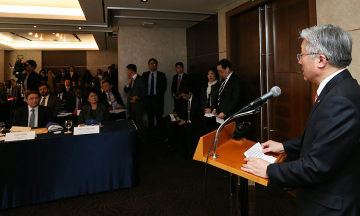 지난 28일 서울에서 열린 국제스텝기구 설립협정 문안채택 행사에서 김종덕 문화체육관광부 장관이 환영사를 하고 있다.