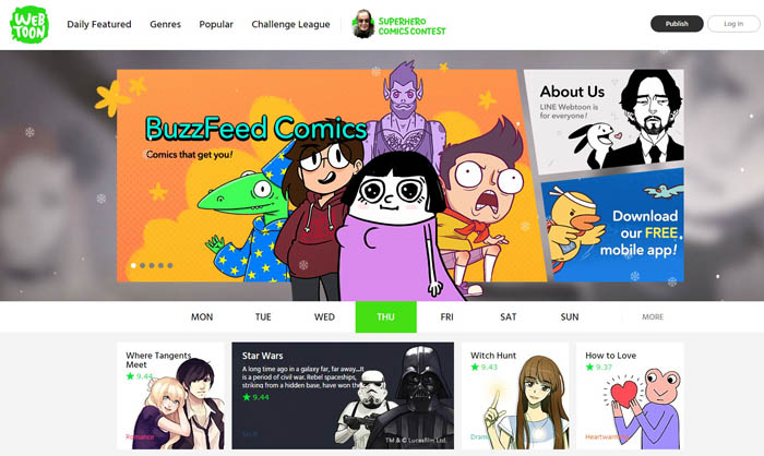 영어, 중국어를 포함하여 5개국어로 한국 웹툰을 읽을 수 있는 '라인웹툰'. 국내의 요일제 시스템도 그대로 반영됐다.