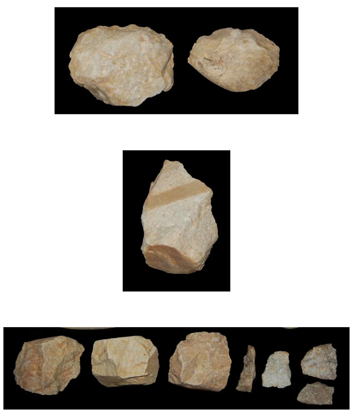 경기도 연천 남계리 유적에서 출토된 구석기 시대 유물들. 사진 위부터 찍개, 가로날도끼(가운데), 몸돌(맨 아래 좌측 3점) 그리고 격지류(우측 4점).