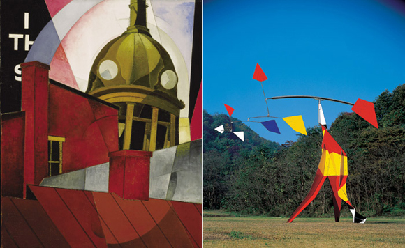 찰스 데무스, 1921, '우리 도시에 오신 것을 환영합니다', 캔버스에 유채, 테라 미국미술재단 소장(좌) (사진제공= 국립중앙박물관) / 알렉산더 칼더, 1971 ‘큰 주름,' 철에 채색 (우) (사진제공=리움미술관)