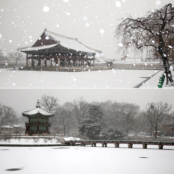 우아한 설경을 자랑하는 경복궁의 경회루와 향원정 (사진: 전한 기자)