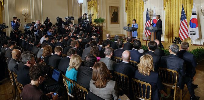박근혜 대통령과 오바마 미국 대통령의 기자회견 모습 (사진: 청와대)