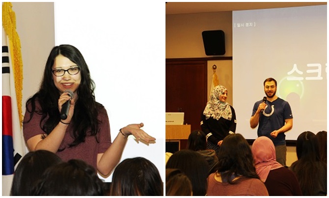 한국어 강좌 수강생들이 직접 제작한 K-드라마 영상에 대해 소개하고 있다.