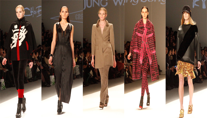 지난 7일 뉴욕 링컨센터에서 열린 ‘콘셉트코리아 가을•겨울 2013’ 패션쇼에서 한국을 대표하는 다섯 명의 디자이너들이 제작한 의상들이 공개됐다. (왼쪽부터) 계한희, 김홍범, 손정완, 이상봉, 최복호 디자이너들의 의상 (사진제공: 한국콘텐츠진흥원)