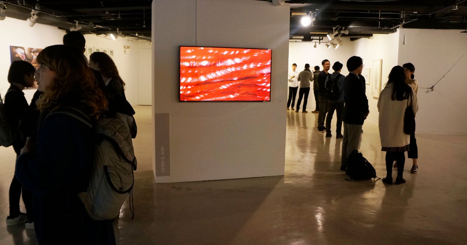 좌측 이동 벽에 걸려 있는 린 킴의 애니메이션 작품의 한 장면이 담겨져 있는 사진이다. 그 주변으로 많은 관람객들이 서로 대화를 나누고 있다.
