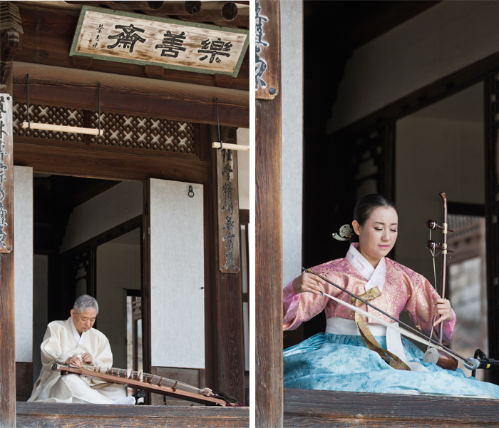 ‘풍류음악회’ 기자간담회가 열린 지난 18일 창덕궁 낙선재에서 가야금 명인 황병기(왼쪽) 선생과 해금연주가 강은일 씨가 연주를 하고 있다. (사진제공: 문화체육관광부)