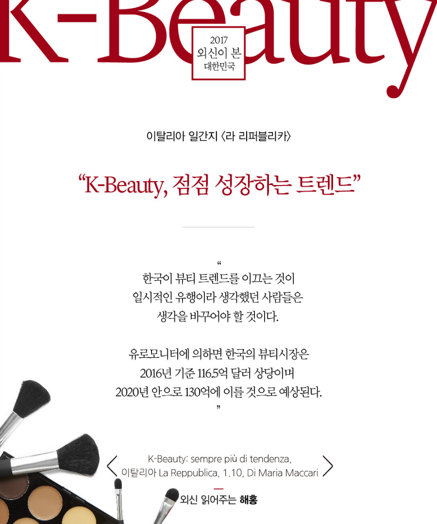 이탈리아 일간지 <라 리퍼블리카>, “K-Beauty, 점점 성장하는 트렌드” “한국이 뷰티 트렌드를 이끄는 것이 일시적인 유행이라 생각했던 사람들은 생각을 바꾸어야 할 것이다. 유로모니터에 의하면 한국의 뷰티시장은 2016년 기준 116.5억 달러 상당이며 2020년 안으로 130억에 이를 것으로 예상된다.” ‘K-Beauty: sempre più di tendenza, 이탈리아 La Reppublica, 1.10, Di Maria Maccari’ 
