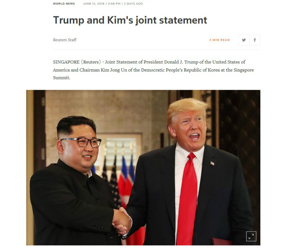▲ ‘신뢰의 원칙’을 중시하는 영국 로이터가 누리집에 실은 북미정상회담 공동선언문 전문 일부. 유대계 독일인 파울 율리우스 로이터가 1851년 영국 런던에 설립한 이 통신사는 금융정보와 뉴스의 정확하고 신속한 취재와 보도로 신뢰를 쌓아왔다. 영국 로이터 누리집 화면.