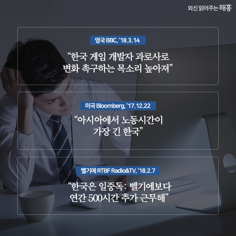 “한국 게임 개발자 과로사로 변화 촉구하는 목소리 높아져” 영국 BBC, ’18.3.14 “아시아에서 노동시간이 가장 긴 한국” 미국 Bloomberg, ’17.12.22 “한국은 일중독: 벨기에보다 연간 500시간 추가 근무해” 벨기에 RTBF Radio&TV, ’18.2.7 