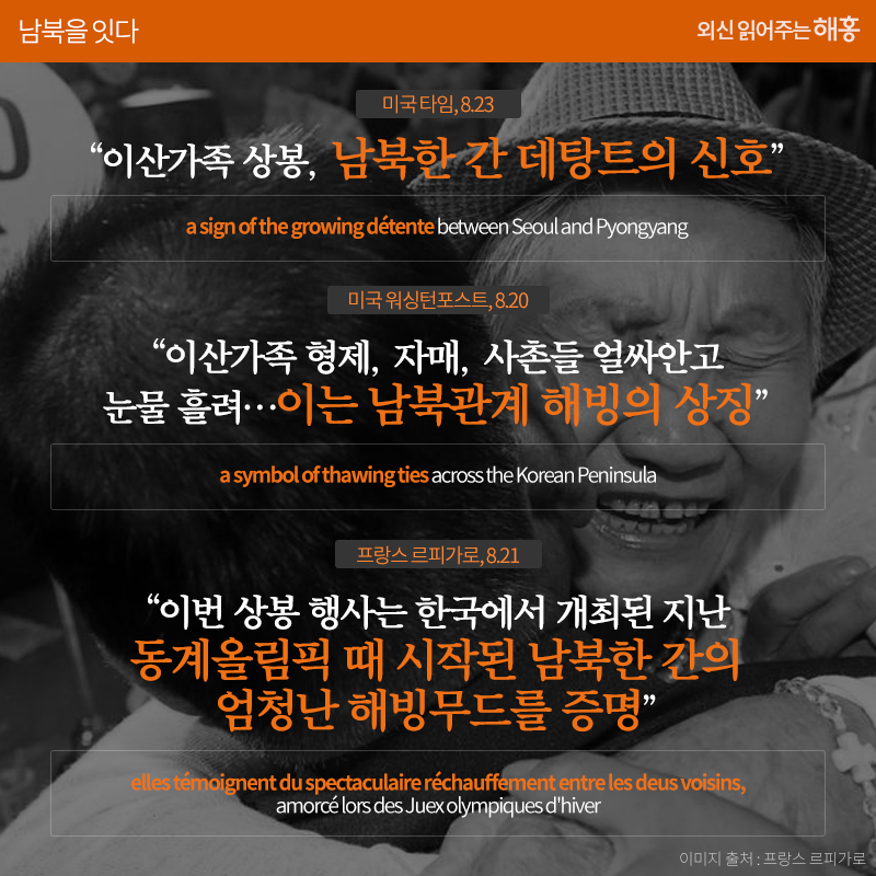 이산가족 상봉, 남북한 간 데탕트의 신호' a sign of the growing détente between Seoul and Pyongyang_미국 타임, 8.23 '이산가족 형제, 자매, 사촌들 얼싸안고 눈물 흘려…이는 남북관계 해빙의 상징' a symbol of thawing ties across the Korean Peninsula_미국 워싱턴포스트, 8.20 '이번 상봉 행사는 지난 한국에서 개최된 동계올림픽 때 시작된 남북한 간의 엄청난 해빙무드를 증명' elles témoignent du spectaculaire réchauffement entre les deus voisins, amorcé lors des Juex olympiques d'hiver_프랑스 르피가로, 8.21