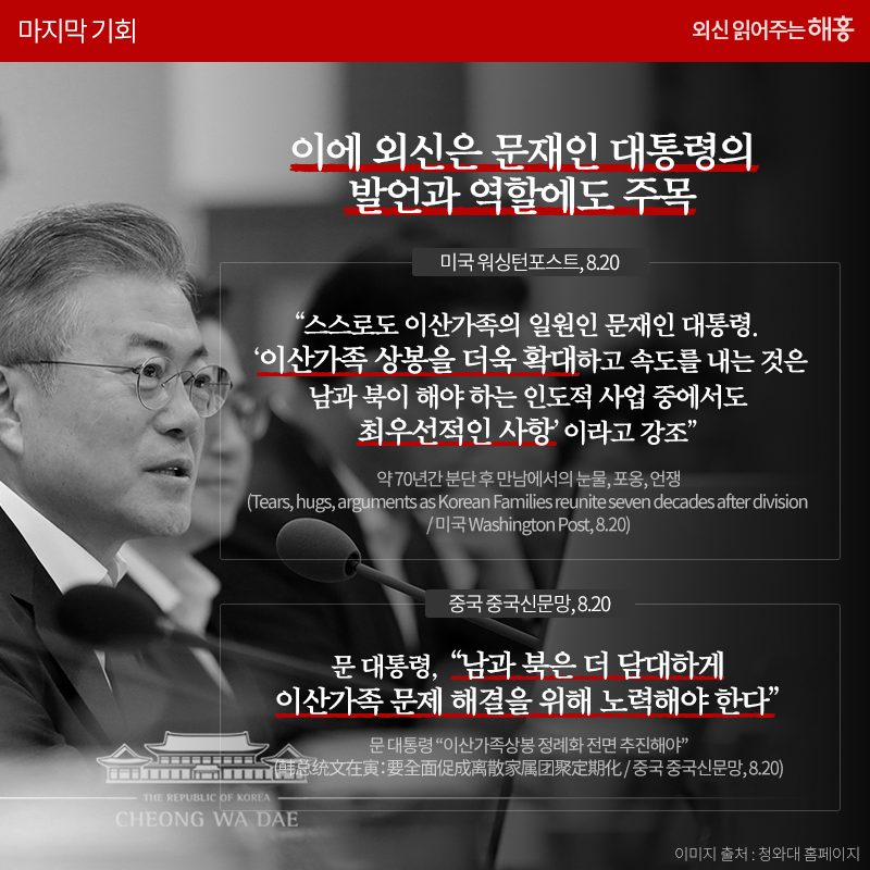 이에 외신은 문재인 대통령의 발언과 역할에도 주목 '스스로도 이산가족의 일원인 문재인 대통령. '이산가족 상봉을 더욱 확대하고 속도를 내는 것은 남과 북이 해야 하는 인도적 사업 중에서도 최우선적인 사항'이라고 강조' _미국 워싱턴포스트, 8.20 문 대통령, '남과 북은 더 담대하게 이산가족 문제 해결을 위해 노력해야 한다'_중국 중국신문망, 8.20