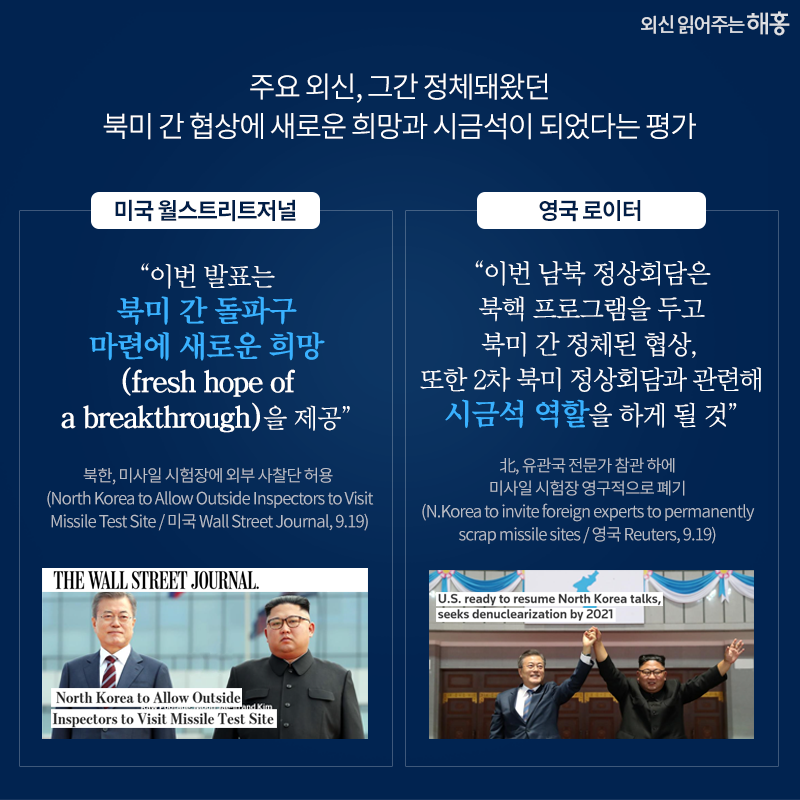 주요 외신, 그간 정체돼왔던 북미 간 협상에 새로운 희망과 시금석이 되었다는 평가 '이번 발표는 북미 간 돌파구 마련에 새로운 희망(fresh hope of a breakthrough)을 제공'_미국 월스트리트저널. '이번 남북 정상회담은 북핵 프로그램을 두고 북미 간 정체된 협상, 또한 김 위원장이 트럼프 대통령에게 제안한 2차 북미 정상회담과 관련해 시금석 역할을 하게 될 것', _영국 로이터통신. 북한, 미사일 시험장에 외부 사찰단 허용 (North Korea to Allow Outside Inspectors to Visit Missile Test Site / 미국 Wall Street Journal, 9.19). 北, 유관국 전문가 참관 하에 미사일 시험장 영구적으로 폐기. (N.Korea to invite foreign experts to permanently scrap missile sites / 영국 Reuters, 9.19)