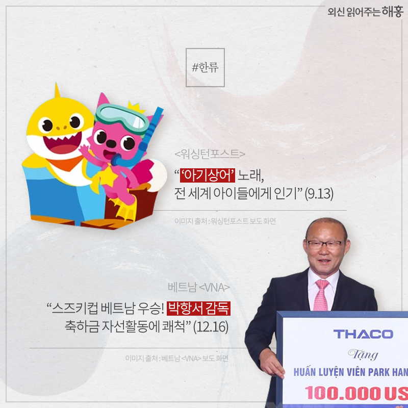 - <워싱턴포스트> '‘아기상어’ 노래, 전 세계 아이들에게 인기' (9.13) - 베트남 <VNA> '스즈키컵 베트남 우승! 박항서 감독, 축하금 자선활동에 쾌척' (12.16)