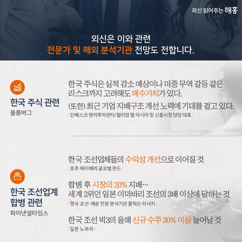 외신은 이와 관련 전문가 및 해외분석기관 전망도 전합니다. 한국 주식 관련(블룸버그) 인베스코 헨리투자센터윌리엄 램 아시아및 신흥시장 담당대표한국 주식은 실적감소 예상이나미중 무역 갈등 같은 리스크까지고려해도 매수가치가 있다.(또한) 최근 기업 지배구조 개선노력에 기대를 걸고 있다.한국 조선업계 합병 관련(파이낸셜타임스)호주 헤이베리 글로벌 펀드- 한국 조선업체들의 수익성 개선으로 이어질 것 영국조선·해운 전문분석기관 클락슨리서치-합병 후 시장의 20% 지배…세계2위인 일본 이마바리 조선의 3배 이상에 달하는것 일본노무라 - 한국 조선 빅3의올해 신규 수주30% 이상 늘어날 것