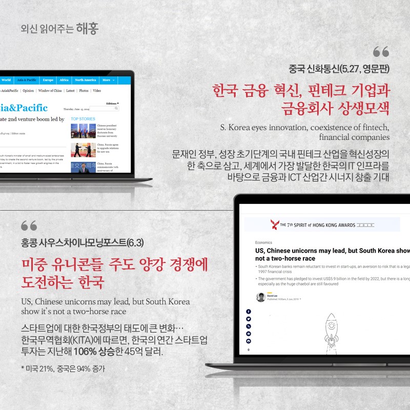 중국 신화통신(5.27, 영문판) 한국 금융 혁신, 핀테크 기업과 금융회사 상생모색 S. Korea eyes innovation, coexistence of fintech, financial companies 문재인 정부, 성장 초기단계의 국내 핀테크 산업을 혁신성장의 한 축으로 삼고, 세계에서 가장 발달한 한국의 IT 인프라를 바탕으로 금융과 ICT 산업간 시너지 창출 기대홍콩 사우스차이나모닝포스트(6.3) 미중 유니콘들 주도 양강 경쟁에 도전하는 한국 US, Chinese unicorns may lead, but South Korea show it’s not a two-horse race스타트업에 대한 한국정부의 태도에 큰 변화…한국무역협회(KITA)에 따르면, 한국의 연간 스타트업 투자는 지난해 106% 상승한 45억 달러.*미국 21%, 중국은 94% 증가