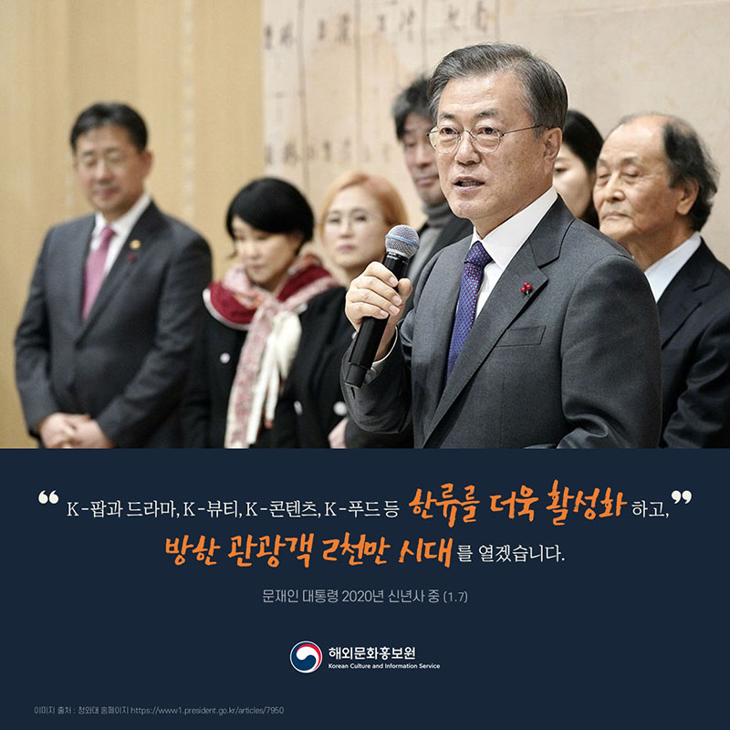 K-팝과 드라마, K-뷰티, K-콘텐츠, K-푸드 등 한류를 더욱 활성화하고, ‘방한 관광객 2천만 시대’를 열겠습니다.문재인 대통령 2020년 신년사 중(1.7) 해외문화홍보원