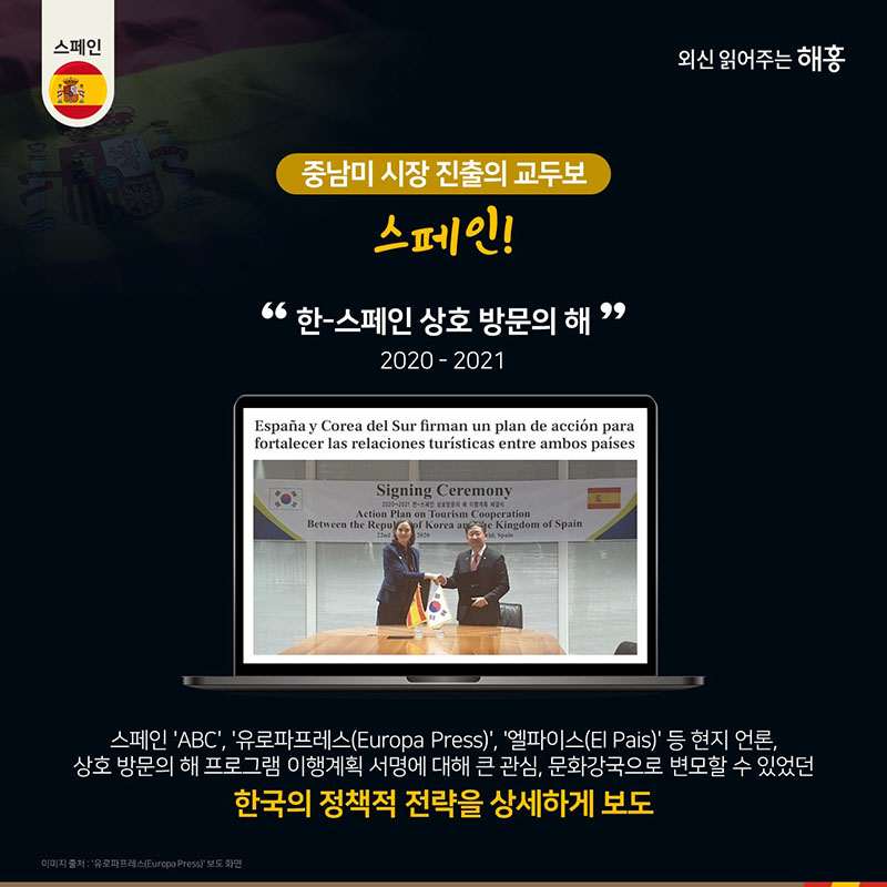 중남미 시장 진출의 교두보스페인!  2020-2021 한-스페인 상호 방문의 해   스페인 (ABC), (유로파프레스(Europa Press)), (엘파이스(El Pais) 등 현지 언론,상호 방문의 해 프로그램 이행계획 서명에 대해 큰 관심,  문화강국으로 변모할 수 있었던 한국의 정책적 전략을 상세하게 보도