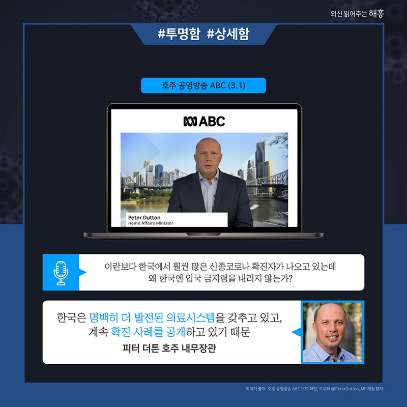 호주 공영방송 ABC(3.1) 진행자: 이란보다 한국에서 훨씬 많은 신종코로나 확진자가 나오고 있는데 왜 한국엔 입국 금지령을 내리지 않는가? 피터 더튼 호주 내무장관: 한국은 명백히 더 발전된 의료시스템을 갖추고 있고, 계속 확진 사례를 공개하고 있기 때문