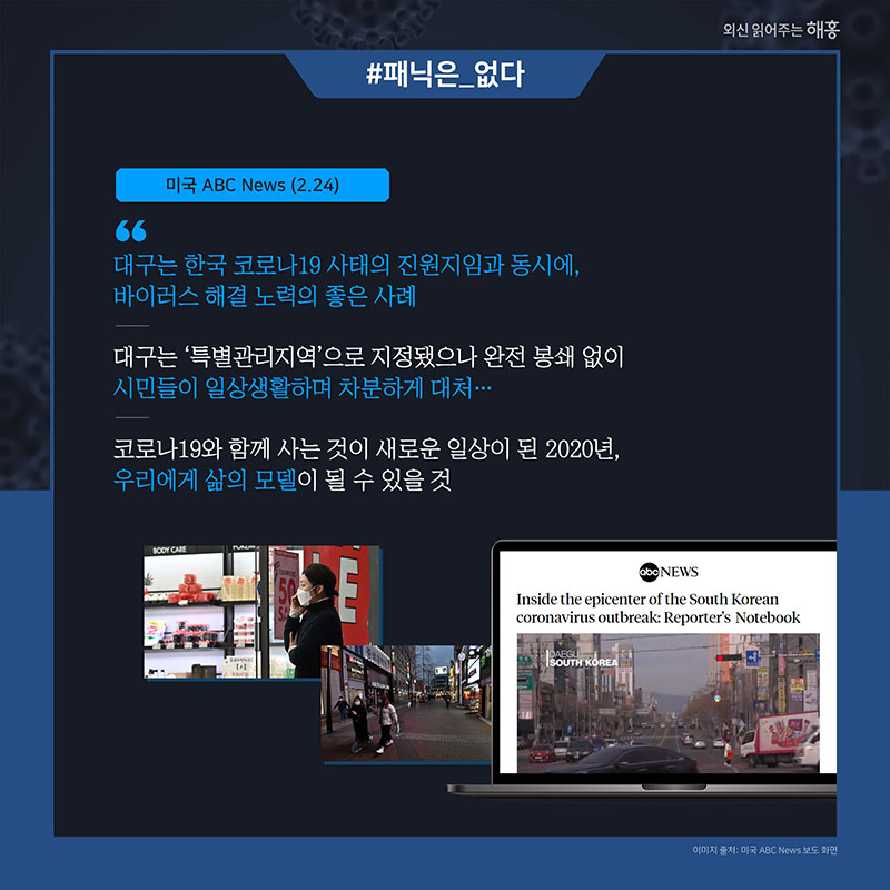 미국 ABC뉴스(2.24) 대구는 한국 코로나19 사태의 진원지임과 동시에, 바이러스 해결 노력의 좋은 사례 대구는 '특별관리지역'으로 지정됐으나 완전 봉쇄 없이 시민들이 일상생활하며 차분하게 대처… 코로나19와 함께 사는 것이 새로운 일상이 된 2020년, 우리에게 삶의 모델이 될 수 있을 것