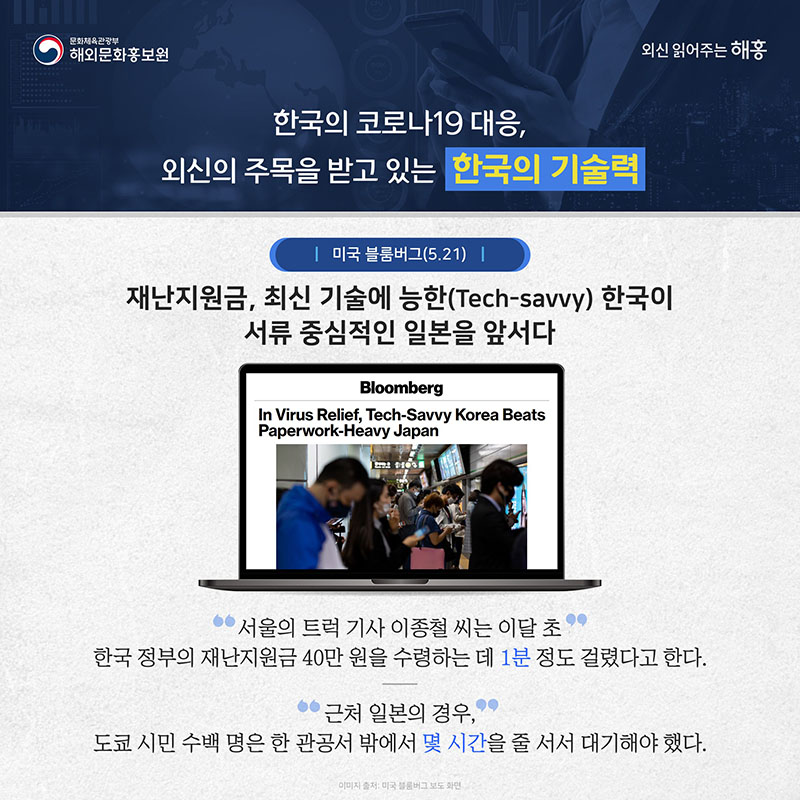 한국의 코로나19 대응, 외신의 주목을 받고 있는 한국의 기술력 미국 블룸버그(5.21) (제목)재난지원금, 최신 기술에 능한(Tech-savvy) 한국이 서류 중심적인 일본을 앞서다 서울의 트럭 기사 이종철 씨는 이달 초 한국 정부의 재난지원금 40만 원을 수령하는 데 1분 정도 걸렸다고 한다. 근처 일본의 경우, 도쿄 시민 수백 명은 한 관공서 밖에서 몇 시간을 줄 서서 대기해야 했다.