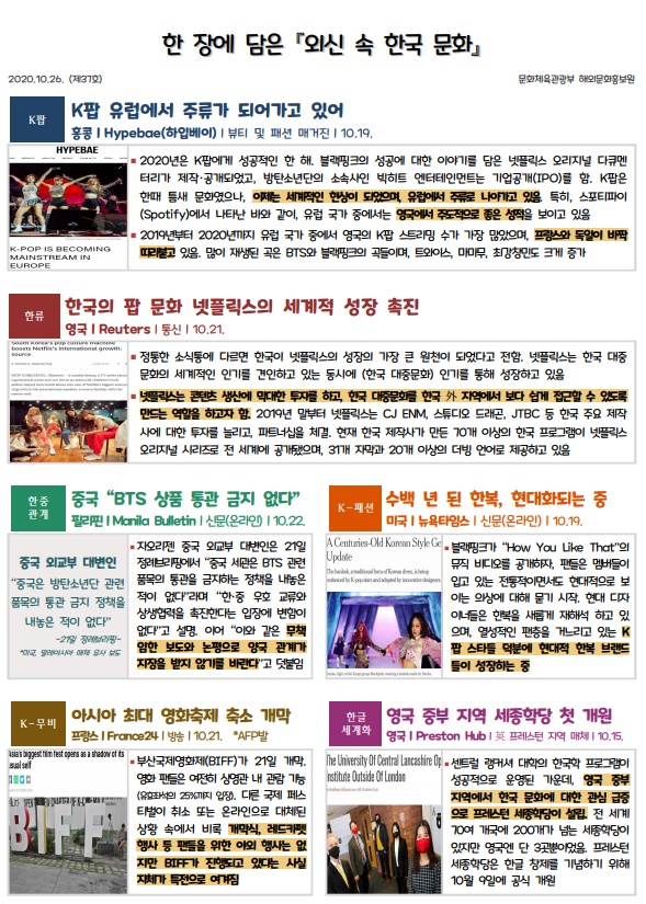 한 장에 담은 『외신 속 한국 문화』 2020.10.26. (제37호) 문화체육관광부 해외문화홍보원  K팝  K팝 유럽에서 주류가 되어가고 있어 홍콩ㅣHypebae(하입베이)ㅣ뷰티 및 패션 매거진ㅣ10.19.  ◾2020년은 K팝에게 성공적인 한 해. 블랙핑크의 성공에 대한 이야기를 담은 넷플릭스 오리지널 다큐멘터리가 제작·공개되었고, 방탄소년단의 소속사인 빅히트 엔터테인먼트는 기업공개(IPO)를 함. K팝은 한때 틈새 문화였으나, 이제는 세계적인 현상이 되었으며, 유럽에서 주류로 나아가고 있음. 특히, 스포티파이(Spotify)에서 나타난 바와 같이, 유럽 국가 중에서는 영국에서 주도적으로 좋은 성적을 보이고 있음 ◾2019년부터 2020년까지 유럽 국가 중에서 영국의 K팝 스트리밍 수가 가장 많았으며, 프랑스와 독일이 바짝 따라붙고 있음. 많이 재생된 곡은 BTS와 블랙핑크의 곡들이며, 트와이스, 마마무, 최강창민도 크게 증가       한류  한국의 팝 문화 넷플릭스의 세계적 성장 촉진 영국ㅣReutersㅣ통신ㅣ10.21.  ◾정통한 소식통에 다르면 한국이 넷플릭스의 성장의 가장 큰 원천이 되었다고 전함. 넷플릭스는 한국 대중문화의 세계적인 인기를 견인하고 있는 동시에 (한국 대중문화) 인기를 통해 성장하고 있음 ◾넷플릭스는 콘텐츠 생산에 막대한 투자를 하고, 한국 대중문화를 한국 外 지역에서 보다 쉽게 ​​접근할 수 있도록 만드는 역할을 하고자 함. 2019년 말부터 넷플릭스는 CJ ENM, 스튜디오 드래곤, JTBC 등 한국 주요 제작사에 대한 투자를 늘리고, 파트너십을 체결. 현재 한국 제작사가 만든 70개 이상의 한국 프로그램이 넷플릭스 오리지널 시리즈로 전 세계에 공개됐으며, 31개 자막과 20개 이상의 더빙 언어로 제공하고 있음        한중 관계  중국 “BTS 상품 통관 금지 없다” 필리핀ㅣManila Bulletinㅣ신문(온라인)ㅣ10.22.   K-패션  수백 년 된 한복, 현대화되는 중  미국ㅣ뉴욕타임스ㅣ신문(온라인)ㅣ10.19. 중국 외교부 대변인 “중국은 방탄소년단 관련 품목의 통관 금지 정책을 내놓은 적이 없다” -21일 정례브리핑- *미국, 말레이시아 매체 유사 보도 ◾자오리젠 중국 외교부 대변인은 21일 정례브리핑에서 “중국 세관은 BTS 관련 품목의 통관을 금지하는 정책을 내놓은 적이 없다”라며 “한·중 우호 교류와 상생협력을 촉진한다는 입장에 변함이 없다”고 설명. 이어 “이와 같은 무책임한 보도와 논평으로 양국 관계가 지장을 받지 않기를 바란다”고 덧붙임   ◾블랙핑크가 “How You Like That”의 뮤직 비디오를 공개하자, 팬들은 멤버들이 입고 있는 전통적이면서도 현대적으로 보이는 의상에 대해 묻기 시작. 현대 디자이너들은 한복을 새롭게 재해석 하고 있으며, 열성적인 팬층을 거느리고 있는 K팝 스타들 덕분에 현대적 한복 브랜드들이 성장하는 중       K-무비  아시아 최대 영화축제 축소 개막 프랑스ㅣFrance24ㅣ방송ㅣ10.21.  *AFP발   한글 세계화  영국 중부 지역 세종학당 첫 개원 영국ㅣPreston Hubㅣ英 프레스턴 지역 매체ㅣ10.15.  ◾부산국제영화제(BIFF)가 21일 개막.  영화 팬들은 여전히 상영관 내 관람 가능(유효좌석의 25%까지 입장). 다른 국제 페스티벌이 취소 또는 온라인으로 대체된 상황 속에서 비록 개막식, 레드카펫 행사 등 팬들을 위한 야외 행사는 없지만 BIFF가 진행되고 있다는 사실 자체가 특전으로 여겨짐   ◾센트럴 랭커셔 대학의 한국학 프로그램이 성공적으로 운영된 가운데, 영국 중부 지역에서 한국 문화에 대한 관심 급증으로 프레스턴 세종학당이 설립. 전 세계 70여 개국에 200개가 넘는 세종학당이 있지만 영국엔 단 3곳뿐이었음. 프레스턴 세종학당은 한글 창제를 기념하기 위해 10월 9일에 공식 개원