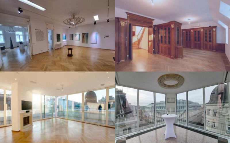 ▲ 주오스트리아 한국문화원 내부 모습. 왼쪽 위부터 시계방향으로 전시실, 도서관, 유리정자, 대청마루.