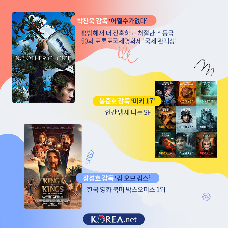 박찬욱 감독-어쩔수가없다:  평범해서 더 잔혹하고 처절한 소동극 50회 토론토국제영화제 '국제 관객상'  봉준호 감독-미키 17: 인간 냄새 나는 SF  장성호 감독 -킹 오브 킹스: 한국 영화 북미 박스오피스 1위