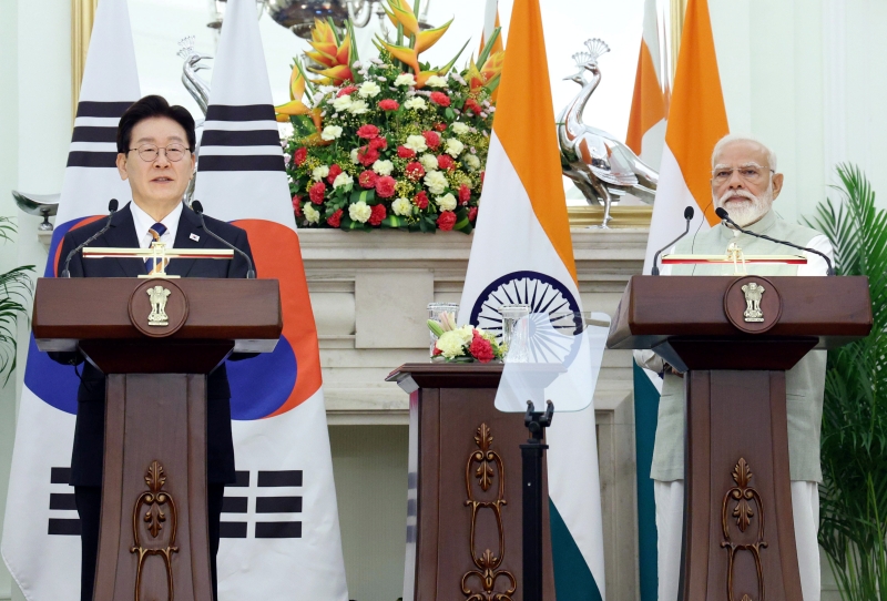 ▲이재명 대통령과 나렌드라 모디 인도 총리가 20일(현지 시간) 뉴델리 하이데라바드 하우스에서 공동언론발표를 하고 있다.