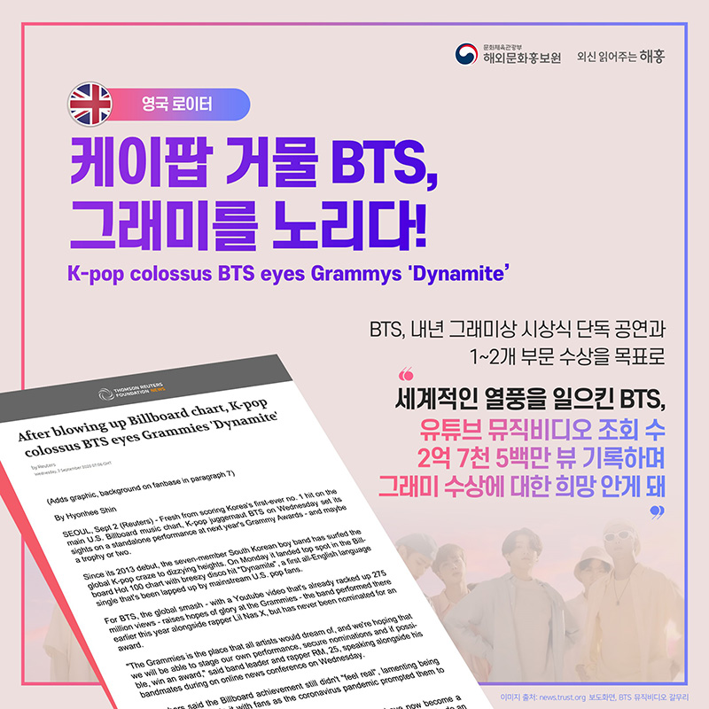 영국 로이터 케이팝 거물 BTS, 그래미를 노리다 K-pop colossus BTS eyes Grammys 'Dynamite' BTS, 내년 그래미상 시상식 단독 공연과 1~2개 부문 수상을 목표로 세계적인 열풍을 일으킨 BTS, 유튜브 뮤직비디오 조회 수 2억 7천 5백만 뷰 기록하며 그래미 수상에 대한 희망 안게 돼