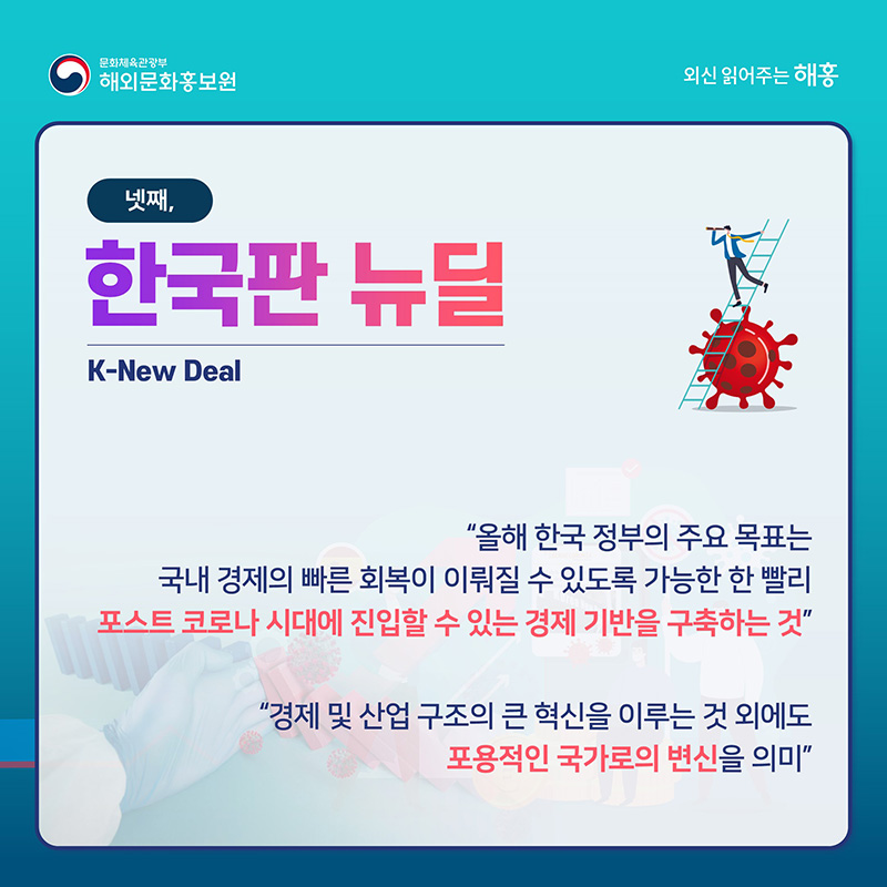넷째, ‘한국판 뉴딜’ K-New Deal 올해 한국 정부의 주요 목표는 국내 경제의 빠른 회복이 이뤄질 수 있도록 가능한 한 빨리 포스트 코로나 시대에 진입할 수 있는 경제 기반을 구축하는 것 경제 및 산업 구조의 큰 혁신을 이루는 것 외에도 포용적인 국가로의 변신을 의미