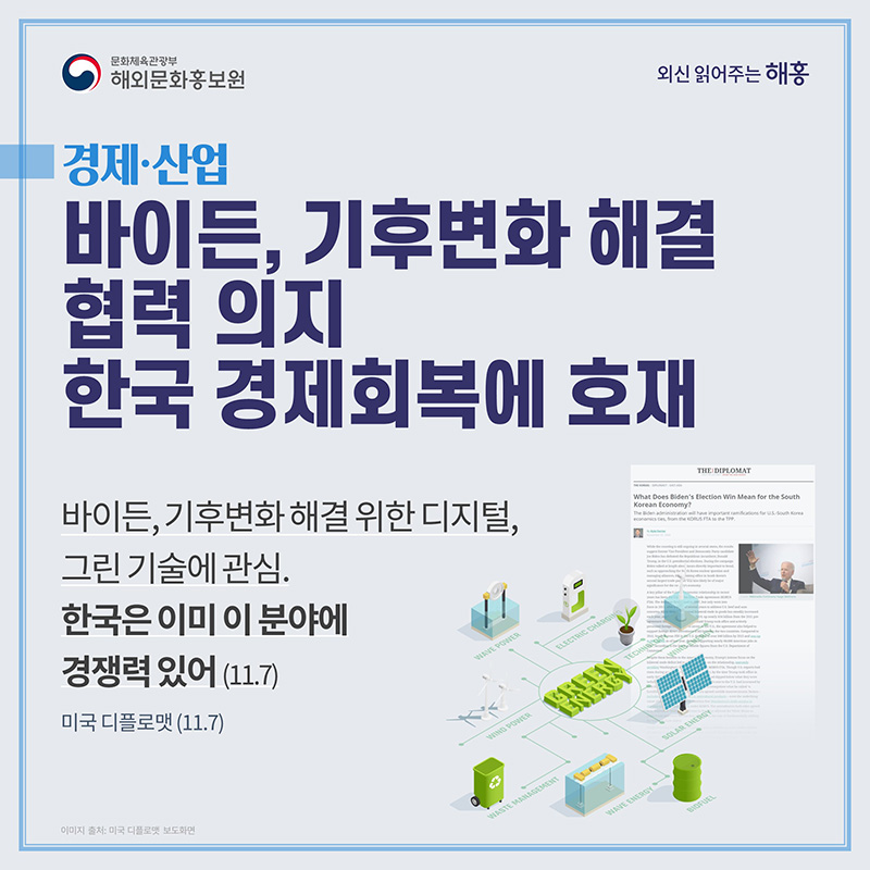 (경제‧산업) 바이든, 기후변화 해결 협력 의지 한국 경제회복에 호재 (미국 디플로맷) 바이든, 기후변화 해결 위한 디지털, 그린 기술에 관심. 한국은 이미 이 분야에 경쟁력있어(11.7)