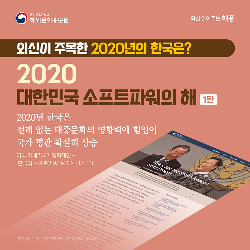 외신이 주목한 2020년의 한국은? 2020 대한민국 소프트파워의 해 - 1탄 (미국 카네기국제평화재단 – ‘한국의 소프트파워’ 보고서) 2020년 한국은 전례 없는 대중문화의 영향력에 힘입어 국가 평판 확실히 상승(12.15)