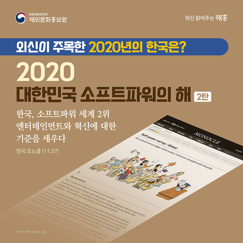외신이 주목한 2020년의 한국은? 2020 대한민국 소프트파워의 해 - 2탄 (영국 모노클) 한국, 소프트파워 세계 2위 엔터테인먼트와 혁신에 대한 기준을 세우다(11.27)