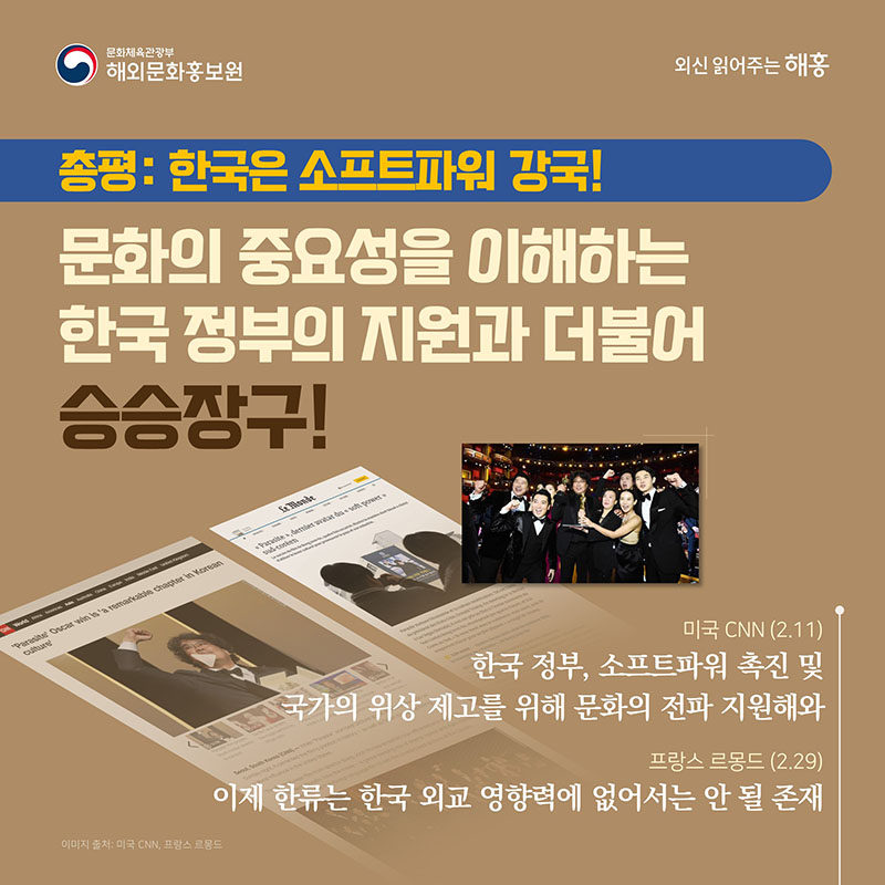 총평: 한국은 소프트파워 강국! 문화의 중요성을 이해하는 한국 정부의 지원과 더불어 승승장구! (미국 CNN) 한국 정부, 소프트파워 촉진 및 국가의 위상 제고를 위해 문화의 전파 지원해와(2.11) (프랑스 르몽드) 이제 한류는 한국 외교 영향력에 없어서는 안 될 존재(2.29)