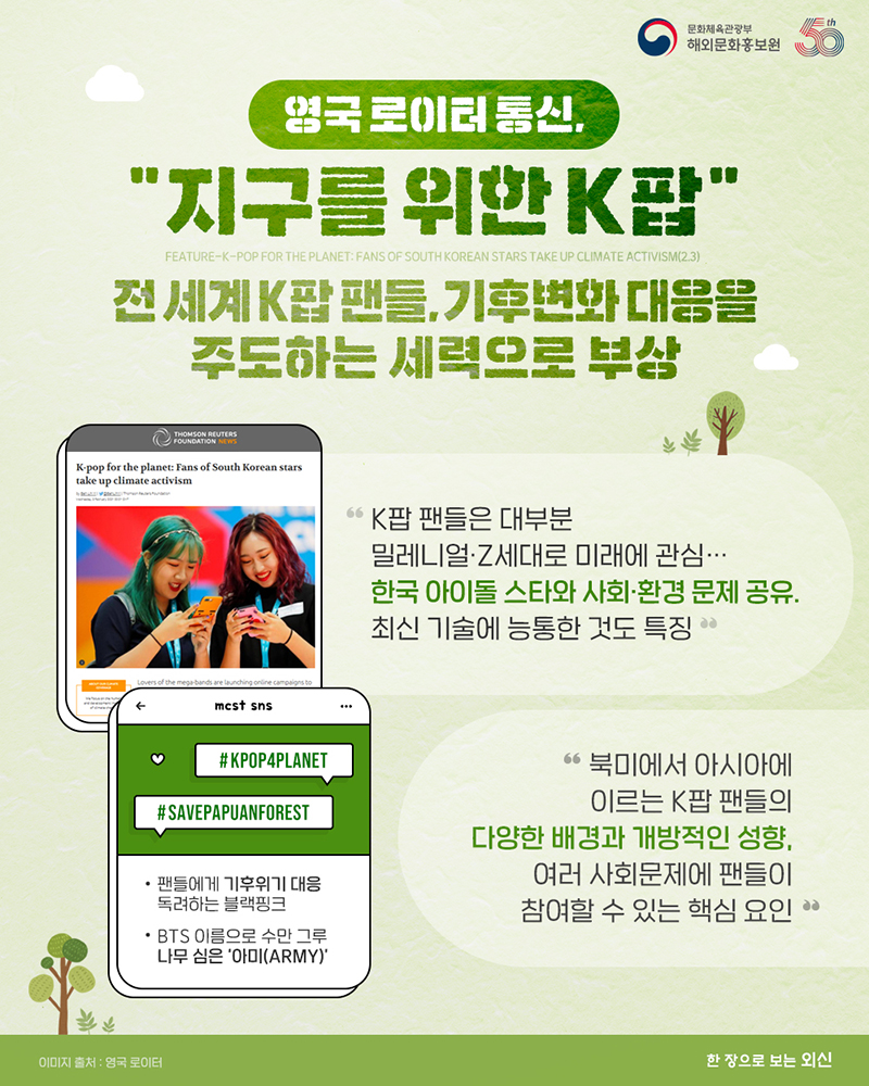 영국 로이터 통신, '지구를 위한 K팝' 전 세계 K팝 팬들, 기후변화 대응을 주도하는 세력으로 부상 FEATURE-K-pop for the planet: Fans of South Korean stars take up climate activism(2.3) K팝 팬들은 대부분 밀레니얼・Z세대로 미래에 관심…한국 아이돌 스타와 사회・환경 문제 공유. 최신 기