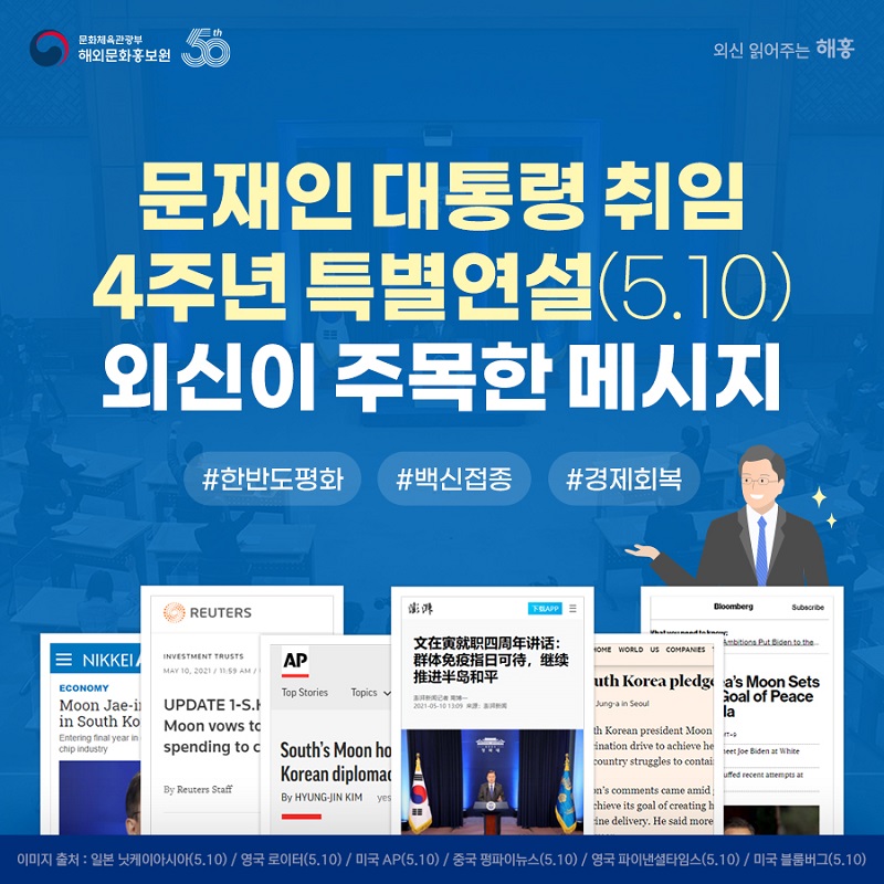 문재인 대통령 취임 4주년 특별연설(5.10) 외신이 주목한 메시지. #한반도평화 #백신접종 #경제회복