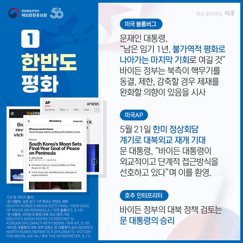 ①한반도 평화. <미국 블룸버그> 문재인 대통령, '남은 임기 1년, 불가역적 평화로 나아가는 마지막 기회로 여길 것' 바이든 정부는 북측이 핵무기를 동결, 제한, 감축할 경우 제재를 완화할 의향이 있음을 시사. <미국AP>  5월 21일 한미 정상회담 계기로 대북외교 재개 기대. 문 대통령, '바이든 대통령이 외교적이고 단계적 접근방