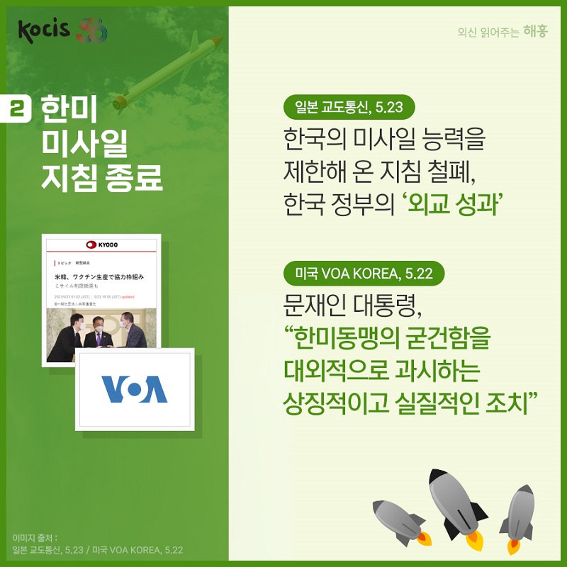 (2) 한미 미사일 지침 종료 (일본 교도통신, 5.23) 한국의 미사일 능력을 제한해 온 지침 철폐, 한국 정부의 ‘외교 성과’ (미국 VOA Korea, 5.22) 문재인 대통령, '한미동맹의 굳건함을 대외적으로 과시하는 상징적이고 실질적인 조치' 