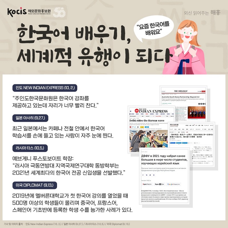 한국어 배우기, 세계적 유행이 되다 "요즘 한국어를 배워요" 인도 New Indian Express (10. 2.) “주인도한국문화원은 한국어 강좌를 제공하고 있는데 자리가 너무 빨리 찬다.” 일본 아사히 (9.27.) 최근 일본에서는 카페나 전철 안에서 한국어 학습서를 손에 들고 있는 사람이 자주 눈에 띈다. 러시아 타스 (10.5.) 예브게니 푸스토보이트 학장: “러시아 극동연방대 지역국제연구대학 동방학부는 2021년 세계최다의 한국어 전공 신입생을 선발했다.” 미국 Diplomat (9.13.) 2019년에 멜버른대학교가 첫 한국어 강의를 열었을 때 500명 이상의 학생들이 몰리며 중국어, 프랑스어, 스페인어 기초반에 등록한 학생 수를 능가한 사례가 있다.