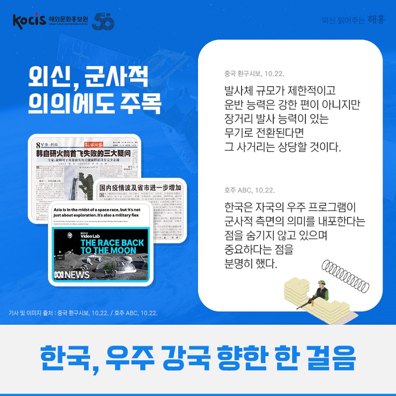 외신, 군사적 의의에도 주목 중국 환구시보, 10.22. 발사체 규모가 제한적이고 운반 능력은 강한 편이 아니지만 장거리 발사 능력이 있는 무기로 전환된다면 그 사거리는 상당할 것이다.  호주 ABC, 10.22. 한국은 자국의 우주 프로그램이 군사적 측면의 의미를 내포한다는 점을 숨기지 않고 있으며 중요하다는 점을 분명히 했다.  한국, 우주 강국 향한 한 걸음