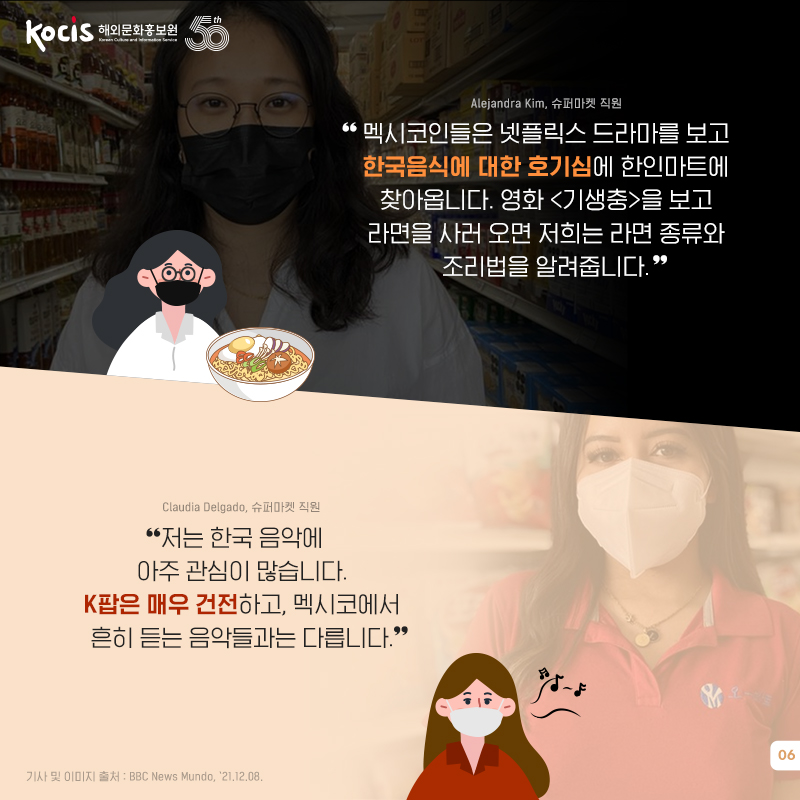 Alejandra Kim, 슈퍼마켓 직원 “멕시코인들은 넷플릭스 드라마를 보고 한국음식에 대한 호기심에 한인마트에 찾아옵니다. 영화 <기생충>을 보고 라면을 사러 오면 저희는 라면 종류와 조리법을 알려줍니다.” Claudia Delgado, 슈퍼마켓 직원 “저는 한국 음악에 아주 관심이 많습니다.  K팝은 매우 건전하고, 멕시코에서 흔히 듣는 음악들과는 다릅니다.”