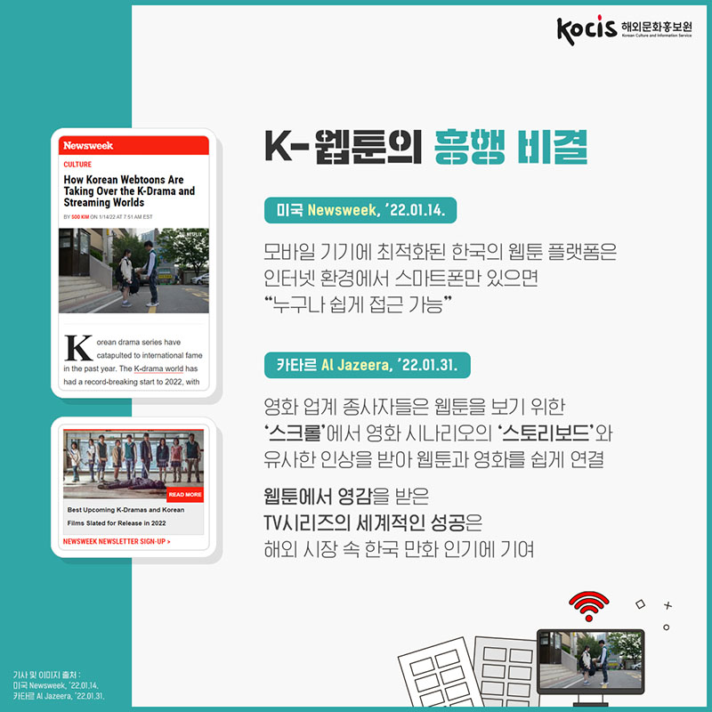 K-웹툰의 흥행 비결 미국 Newsweek, ’22.01.14. 모바일 기기에 최적화된 한국의 웹툰 플랫폼은 인터넷 환경에서 스마트폰만 있으면 “누구나 쉽게 접근 가능” 카타르 Al Jazeera, ’22.01.31. 영화 업계 종사자들은 웹툰을 보기 위한 ‘스크롤’에서 영화 시나리오의 ‘스토리보드’와 유사한 인상을 받아 웹툰과 영화를 쉽게 연결하곤 한다. 웹툰에서 영감을 받은 TV 시리즈의 세계적인 성공은 해외 시장 속 한국 만화 인기에 기여