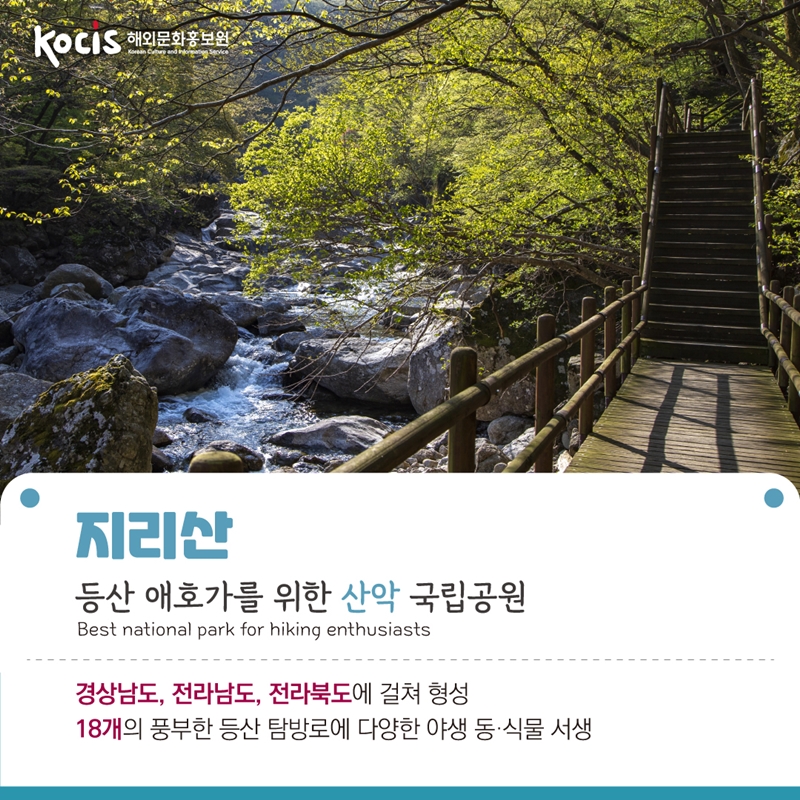 지리산 등산 애호가를 위한 산악 국립공원 Best national park for hiking enthusiasts   경상남도, 전라남도, 전라북도에 걸쳐 형성 18개의 풍부한 등산 탐방로에 다양한 야생 동∙식물 서생