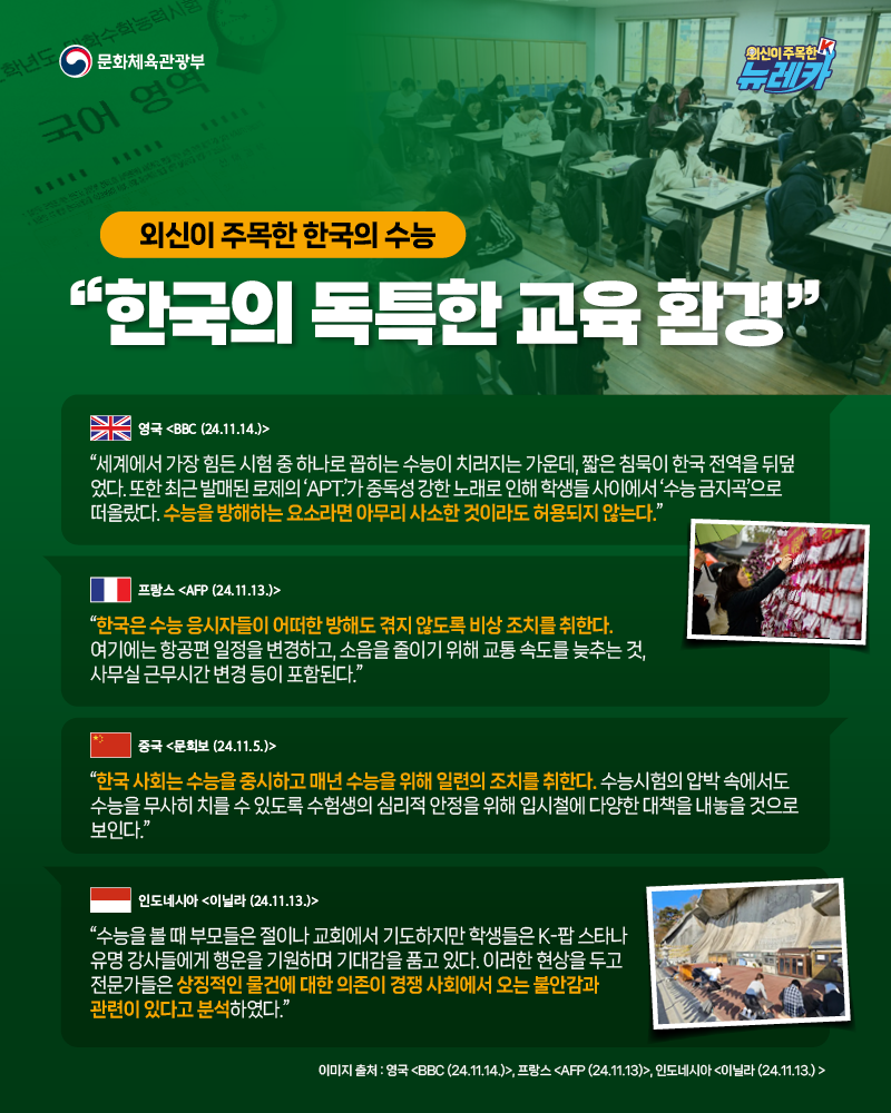 외신이 주목한 한국의 수능 “한국의 독특한 교육 환경”  “세계에서 가장 힘든 시험 중 하나로 꼽히는 수능이 치러지는 가운데, 짧은 침묵이 한국 전역을 뒤덮었다. 또한 최근 발매된 로제의 ‘APT.’가 중독성 강한 노래로 인해 학생들 사이에서 ‘수능 금지곡’으로 떠올랐다. 수능을 방해하는 요소라면 아무리 사소한 것이라도 허용되지 않는다.” -영국 [BBC (24.11.14.)]  “한국은 수능 응시자들이 어떠한 방해도 겪지 않도록 비상 조치를 취한다. 여기에는 항공편 일정을 변경하고, 소음을 줄이기 위해 교통 속도를 늦추는 것, 사무실 근무시간 변경 등이 포함된다.” -프랑스 [AFP (24.11.13.)]  “한국 사회는 수능을 중시하고 매년 수능을 위해 일련의 조치를 취한다. 수능시험의 압박 속에서도 수능을 무사히 치를 수 있도록 수험생의 심리적 안정을 위해 입시철에 다양한 대책을 내놓을 것으로 보인다.” -중국 [문회보 (24.11.5.)]  “수능을 볼 때 부모들은 절이나 교회에서 기도하지만 학생들은 K-팝 스타나 유명 강사들에게 행운을 기원하며 기대감을 품고 있다. 이러한 현상을 두고 전문가들은 상징적인 물건에 대한 의존이 경쟁 사회에서 오는 불안감과 관련이 있다고 분석하였다.” -인도네시아 [이닐라 (24.11.13.)]