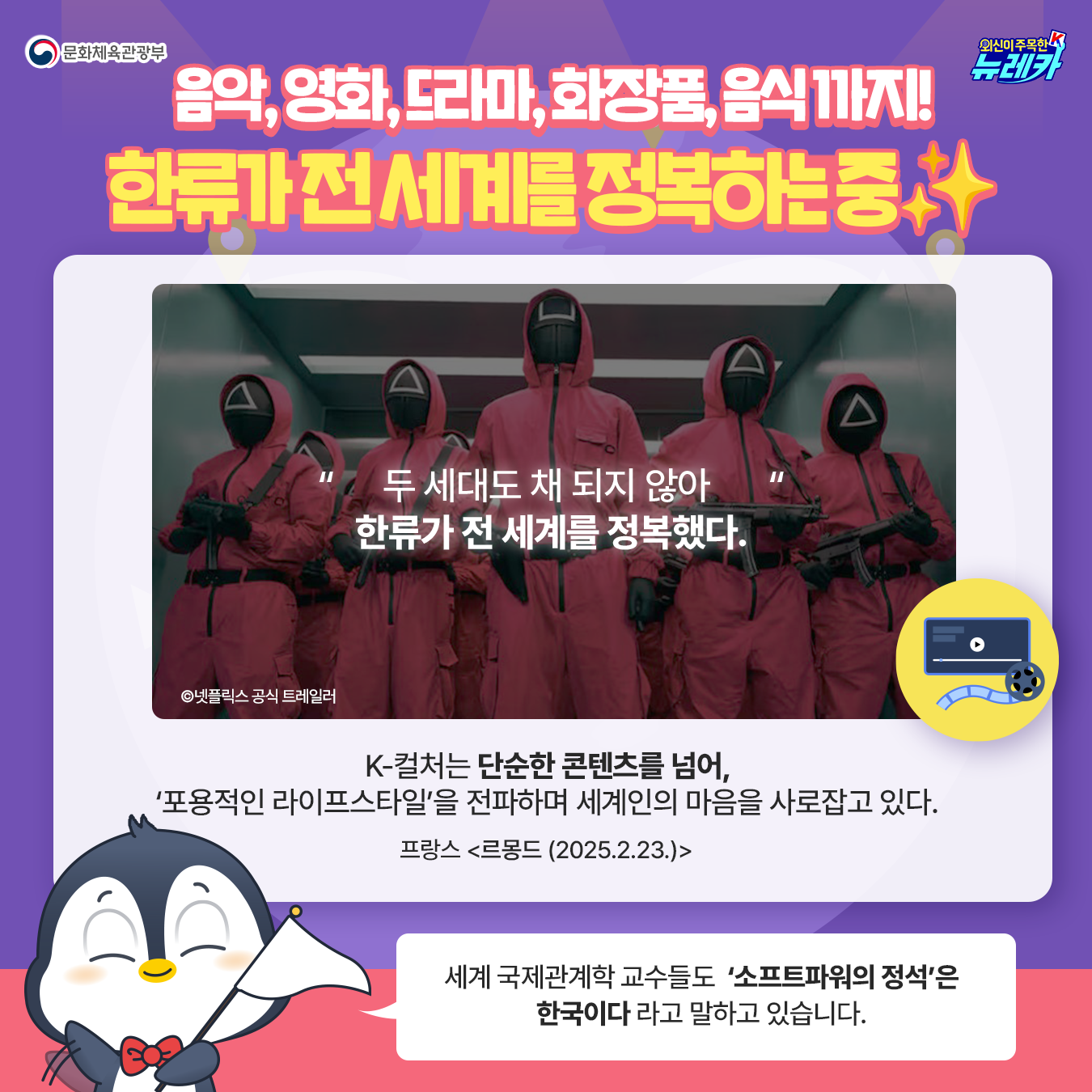 음악, 영화, 드라마, 화장품, 음식 까지! 한류가 전 세계를 정복하는 중✨ 오징어게임 트레일러 이미지  ©넷플릭스 공식 트레일러 “두 세대도 채 되지 않아  한류가 전 세계를 정복했다.”  K-컬처는 단순한 콘텐츠를 넘어,‘포용적인 라이프스타일’을 전파하며 세계인의 마음을 사로잡고 있다.  프랑스 르몽드 (2025.2.23.) 세계 국제관계학 교수들도  ‘소프트파워의 정석’은 한국이다 라고 말하고 있습니다.