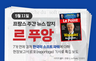5월 11일, 프랑스 주간 뉴스 잡지 르 푸앙  7개 면에 걸쳐 한국의 소프트 파워에 대해 현장보고서 르포(reportage) 기사로 특집 보도  이미지 출처 : 프랑스, Le Point, '23.5.11.