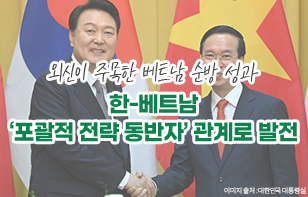 외신이 주목한 베트남 순방 성과 한-베트남 ‘포괄적 전략 동반자’ 관계로 발전  “윤석열 대통령의 베트남 국빈방문은 전례 없는 협력과 성장을 위한 양국 관계의 새 시대를 보여주었다.” - 베트남, 비엣남넷, ’23.6.19.
